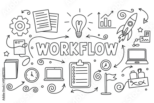 workflow diagram illustrated office icons, dynamic elements representing process management, task productivity, system organization and planning operations vector illustration.
