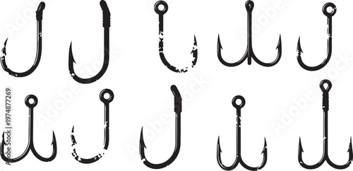 Collection of metal fishing hooks on white background illustration