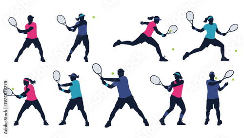 Assorted silhouettes of male and female tennis players in various match poses like serve volley and swing on white.