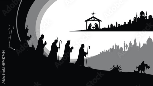 Christmas nativity scene featuring silhouettes of the holy family in a stable and the three wise men traveling toward a city.