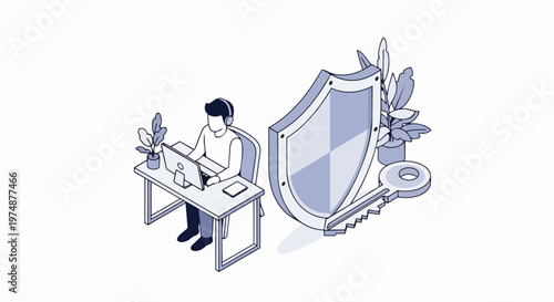 Isometric Cybersecurity and Data Protection Illustration: Man Working at Computer with Large Shield and Key for Digital Safety