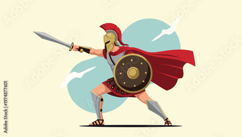 Ancient greek spartan warrior in armor with a red cape brandishing a sword and shield in a combat pose against a pale background.
