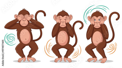 Set of three cartoon monkeys illustrating the famous see no evil speak no evil and hear no evil proverb with expressive gestures.