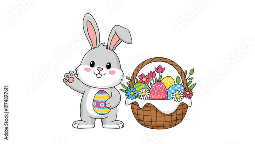 Cheerful gray Easter bunny waving and holding a decorated egg next to a woven basket full of colorful eggs and bright flowers.