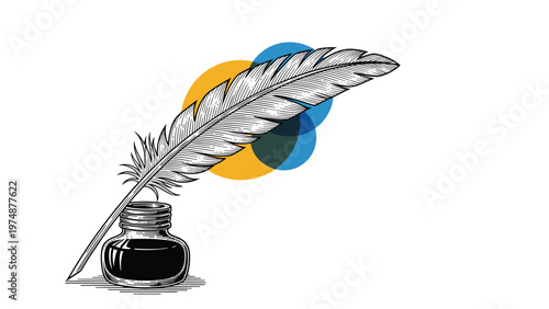 Classic vintage illustration of a glass inkwell and a feather quill pen with colorful abstract circles in the background for a modern touch.
