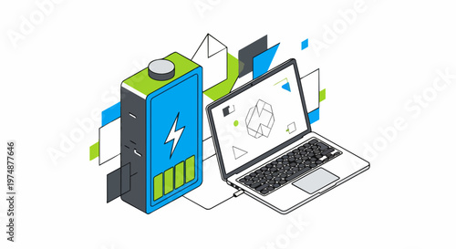 Isometric Laptop Charging with Large Portable Power Bank Battery Icon, Energy and Technology Concept Illustration
