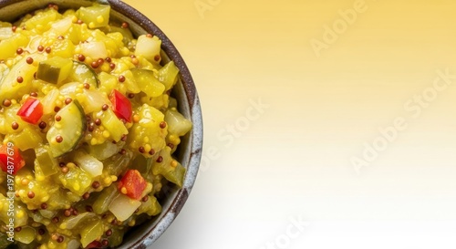Creamy, tangy mustard pickle relish. The bright yellow condiment features chunky vegetables ready for sandwiches or snacks, condiment, pickle, canning
