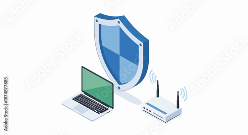 Cybersecurity and Network Protection Concept with Isometric Laptop, Wireless Router, and Blue Security Shield