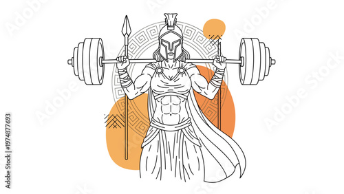 Line art illustration of a powerful female spartan warrior lifting a heavy barbell on her shoulders in front of an ancient greek pattern.
