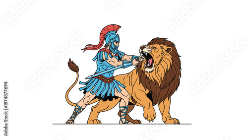 Heroic spartan warrior in blue armor and a red helmet is fighting a large roaring lion with his bare hands and a sword at his side.