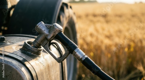 Close up of a fuel nozzle filling the robust tank of an agricultural vehicle in a golden crop field