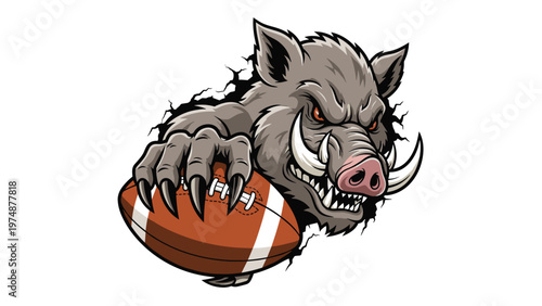 Fierce wild boar mascot bursting through a wall while gripping an American football with one powerful hand against a white background.
