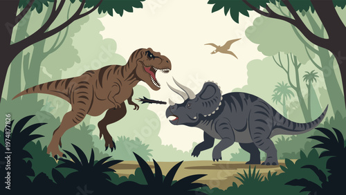 Epic scene of a fierce Tyrannosaurus Rex fighting a Triceratops in a lush prehistoric jungle with tall trees and a flying Pterodactyl.