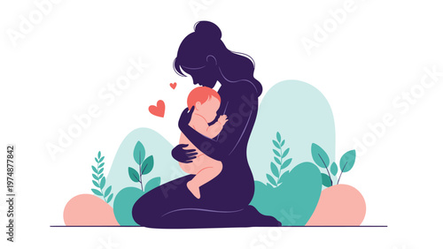 Tender silhouette of a mother kneeling and cradling her sleeping baby in her arms with small hearts and plants in the background.