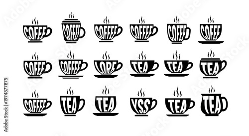 Set of black coffee cups with steam containing words like coffee and tea in various stylish fonts, isolated on white background