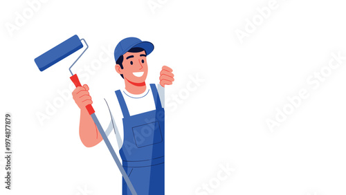 Happy male painter in blue overalls and a cap holding a paint roller and peeking out from behind a blank white wall or sign for text.