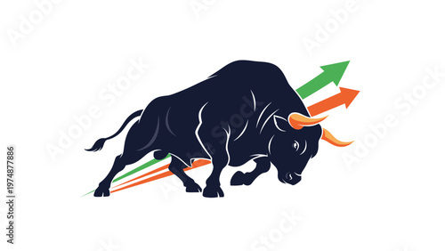 Strong silhouette of a charging bull with colorful arrows pointing upwards representing growth and a bull market in the financial world.