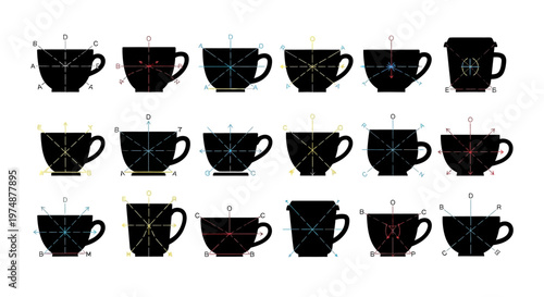 Twenty one black silhouette icons of coffee cups with geometric axis and directional arrows for design and analysis