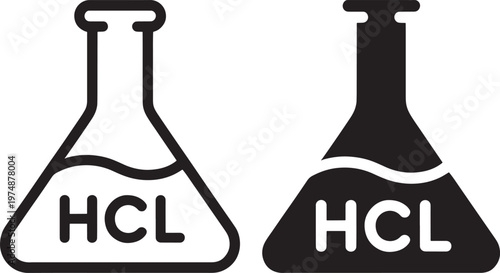 Two conical flasks containing hydrochloric acid are depicted in black and white