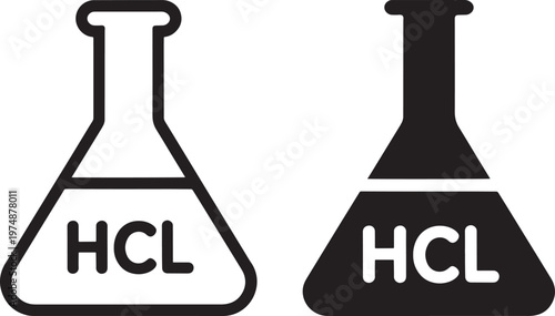 Two conical flasks displaying hcl symbols in a black and white design