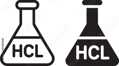 Two beakers displaying hcl are shown in black and white