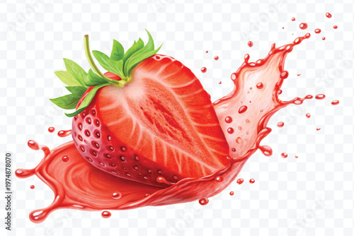 realistic fresh strawberry with red juice splash isolated on transparent background	
