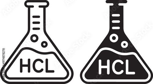 Two black and white illustrations of conical flasks with liquid and bubbles
