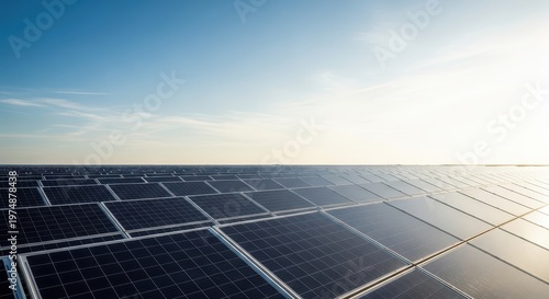 Large array of photovoltaic solar panels installed outdoors under a clear blue sky, emphasizing renewable electric power generation, electricity, progress, generation