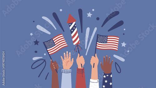 Diverse hands holding US flags and a firework rocket with celebratory bursts