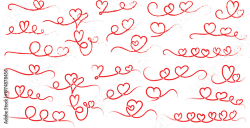 Heart line and love set. Black and red icons with symbols of love, romance and relationships. Romantic doodle brush. Heart line drawing in doodle sketch for love
