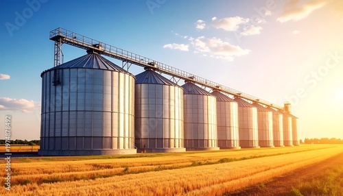 Row of tall grain silos under a sunny blue sky amidst golden wheat fields, bathed in warm sunlight