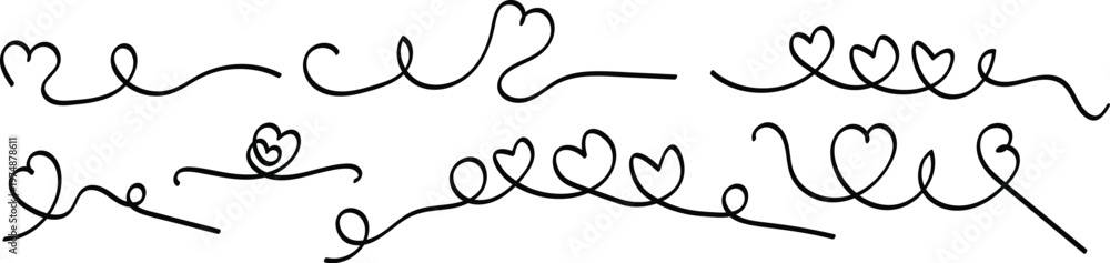 Fototapeta premium Heart line drawing in doodle sketch for love, wedding or honeymoon travel set. Romantic doodle brush flourish elegant border love shapes. Heart line outline swirl ribbon calligraphy hand drawn element