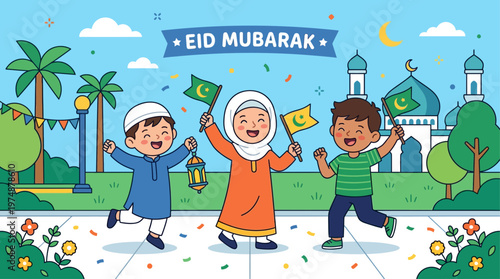 A delightful flat design illustration of three joyful children of diverse ages and genders, celebrating Eid al-Adha with happiness and energy. This minimalist vector artwork uses simple, rounded shape