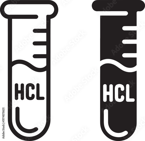 Two test tubes displaying different liquid levels and labeled hcl