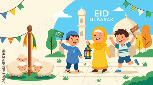A delightful flat design illustration of three joyful children of diverse ages and genders, celebrating Eid al-Adha with happiness and energy. This minimalist vector artwork uses simple, rounded shape