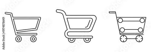 Line art illustration of three shopping carts in different perspectives showcasing design and functionality