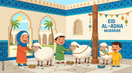 A delightful flat design illustration of three joyful children of diverse ages and genders, celebrating Eid al-Adha with happiness and energy. This minimalist vector artwork uses simple, rounded shape