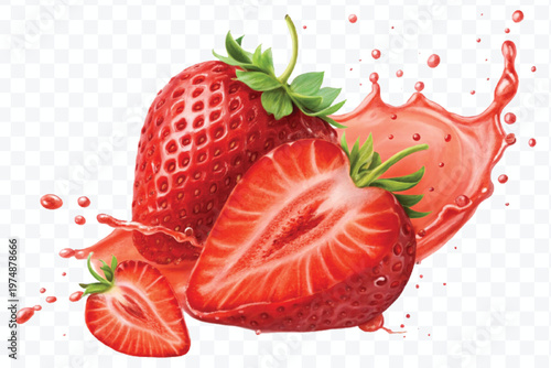 realistic fresh strawberry with red juice splash isolated on transparent background	
