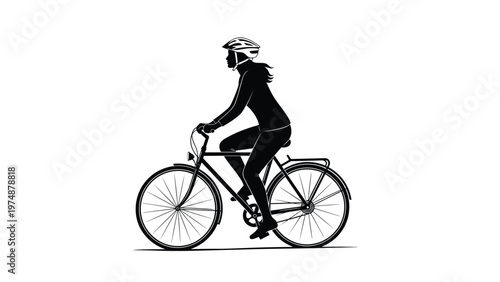 Profile silhouette of a woman wearing a safety helmet and riding a city bicycle against a plain white background.