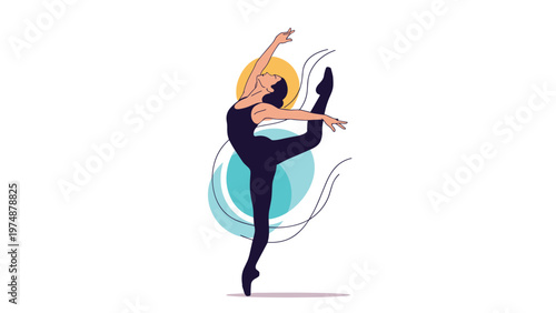Artistic illustration of a graceful ballerina dancing in a classic pose with colorful abstract circle backgrounds.