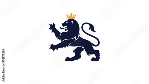 Formal heraldic silhouette of a standing lion with a small gold crown on its head against a plain white background.