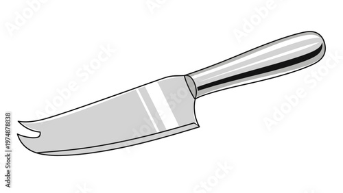 Clean illustration of a silver metal cheese knife with a curved blade and pronged tip on a plain white background.