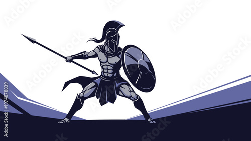 Brave spartan warrior character holding a spear and shield in a dynamic combat pose against an abstract background.