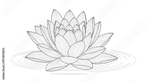 Detailed black and white engraving style illustration of a blooming lotus flower floating on some rippling water.