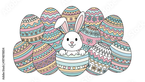 Cute white bunny character sitting inside a large decorated easter egg surrounded by many colorful and patterned eggs.