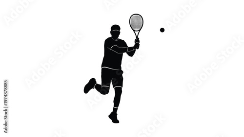 Side profile silhouette of a male tennis player running to hit the ball with a sports racket during a competitive match.