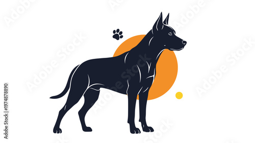 Strong silhouette of a standing doberman pinscher dog against a large bright orange sun background for logo design.