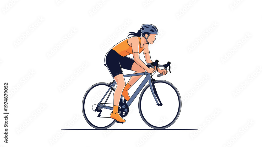 Fototapeta premium Professional female cyclist in athletic gear and helmet riding a sleek road bicycle fast against a plain white background.