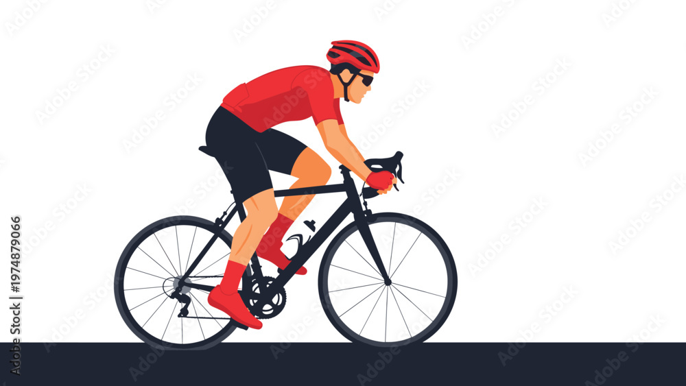 Obraz premium Male professional cyclist wearing a red jersey and helmet riding a black road bike at high speed on a flat surface.