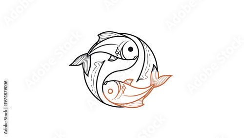 Stylized yin yang symbol created by two koi fish swimming in a circle, featuring one in black line art and one with orange accents.